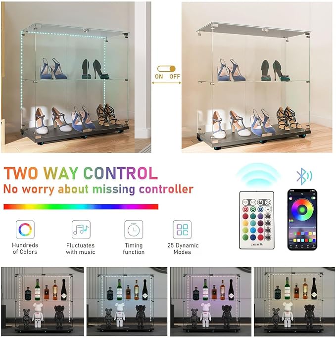 Yoluckea 2 Tiers Glass Display Cabinet with Bluetooth LED Light Strip, 2 Doors Floor Standing Curio Cabinet with Universal Wheel for Home, Black Glass Bookshelf for Collections, Clear Top