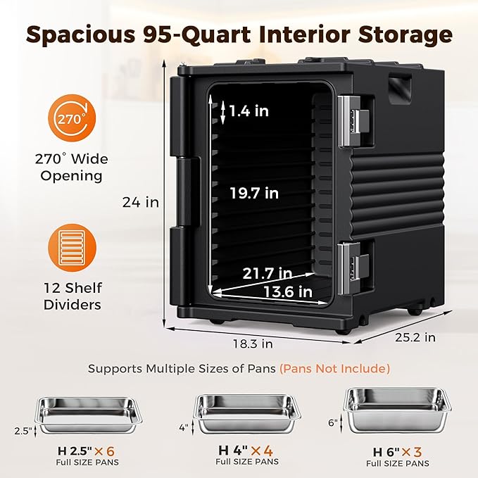 95Qt Non-Electrical Food Warmer with Wheels, 304 Stainless Steel Latch, Catering Food Warmers for Parties LLDPE Insulated Food Carrier for 6 Full-Size Pans(NOT Included), Hot Boxes for Catering