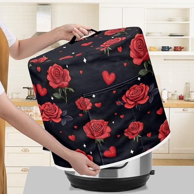 Pressure Cooker Cover for Women,Insulated Rice Cooker Cover with Easy to Clean Red Rose Waterproof Dust Cover with Pockets for Instant Pot 3 Quart Appliance Cover
