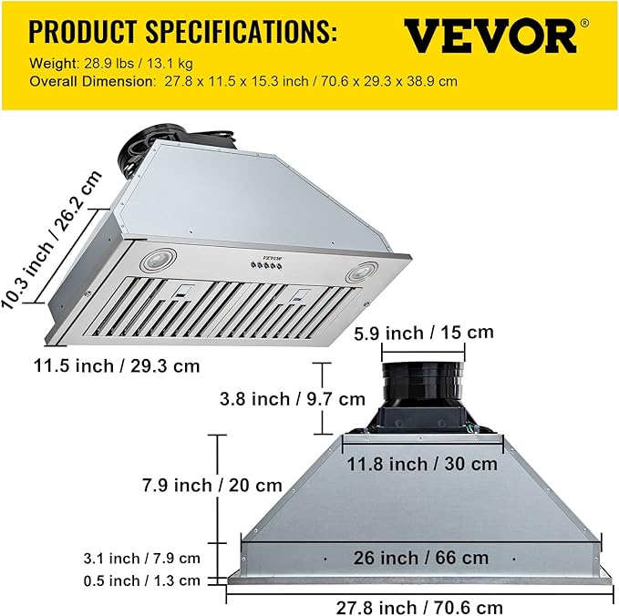VEVOR Insert Range Hood, 800CFM 3-Speed, 27 Inch Stainless Steel Built-in Kitchen Vent with Push Button Control LED Lights Baffle Filters, Ducted/Ductless Convertible, ETL Listed…