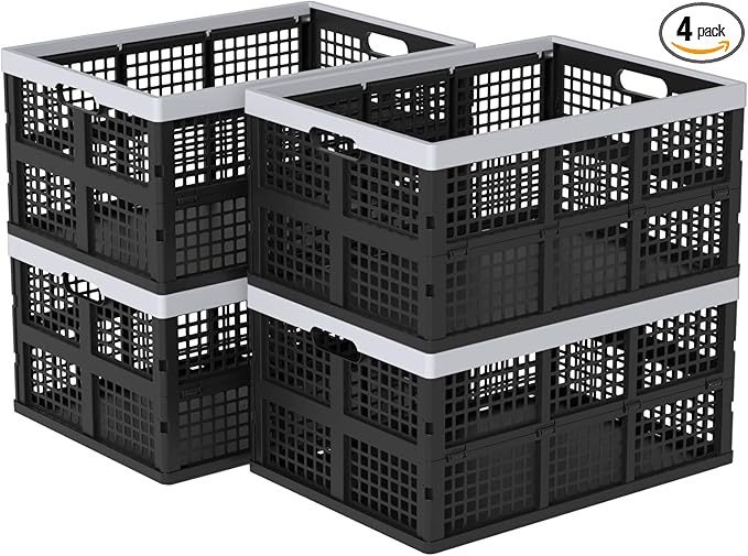 4 Pack Collapsible Plastic Storage Crates, Utility Folding Milk Crates, Folding Basket, 66 L