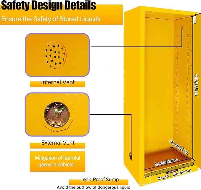 Flammable Safety Cabinet 23" x 18" x 65" Yellow, Cold-Rolled Steel 50 Gallon Explosion Proof Cabinet, 2 Adjustable Shelves & Vent Design for Commercial Garages, Lab & Industrial Facilities