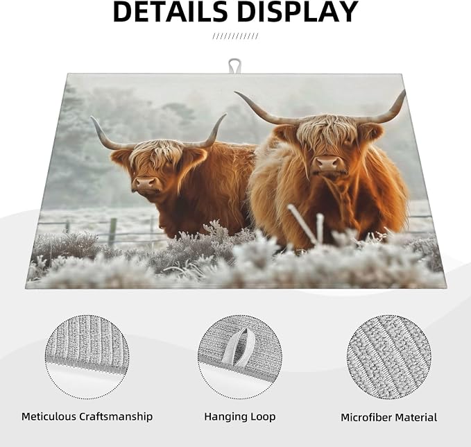 Highland Cow Dish Drying Mat For Kitchen Counter, Super Absorbent Microfiber - Image 3