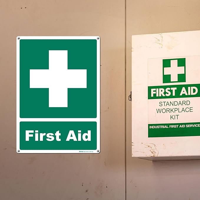 Brimar - 10" x 14" - First Aid Sign - Polyethylene Plastic - Bold Text And Symbol - Easy Installation