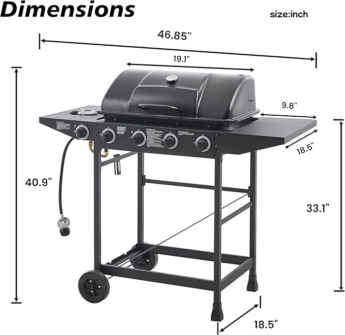 4 Burner Propane Gas Grill, 42,000 BTU Gas Grill with Side Burner, BBQ Grill with Cast Iron Grates, Stainless Steel Frame, 534 Sq In Cooking Area, Outside Grill for Patio Backyard, Patio