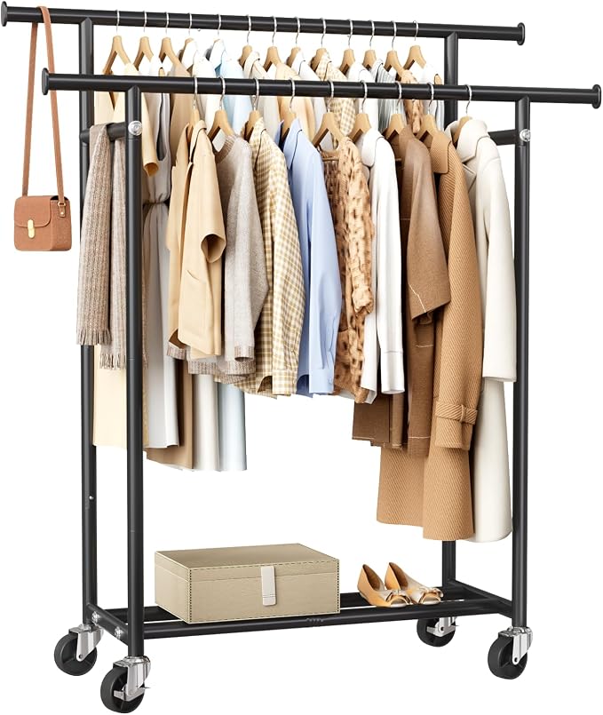 HYSEYY Clothes Rack, Double Rods Rolling Clothing Rack by HYSEYY