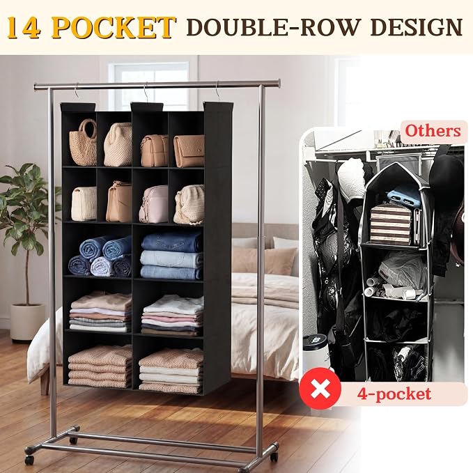 5 Tier Hanging Closet Organizer, 14 Compartments Dual Row Storage, 3 Sturdy - Image 3