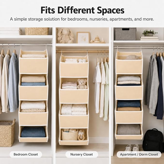 4-Shelf Hanging Closet Organizer and Storage, Fabric Storage Bins Bedroom - Image 7