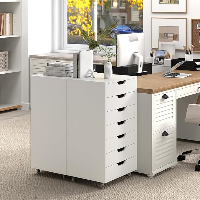 7 Drawer File Cabinet, Mobile Filing Cabinet w/Universal Wheels, Wood Printer Stand with Storage, Rolling File Cabinets for Home Office, Living Room, Bedroom (White, 7 Drawers)