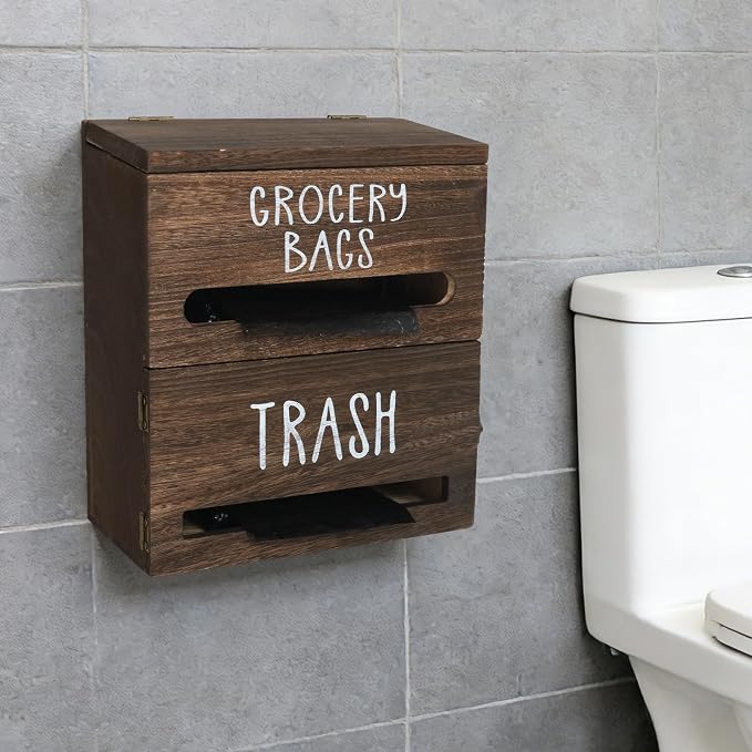 2 in 1 Trash Bag Dispenser, Double Wall Mounted, Wood Trash Bag Holder - Image 4