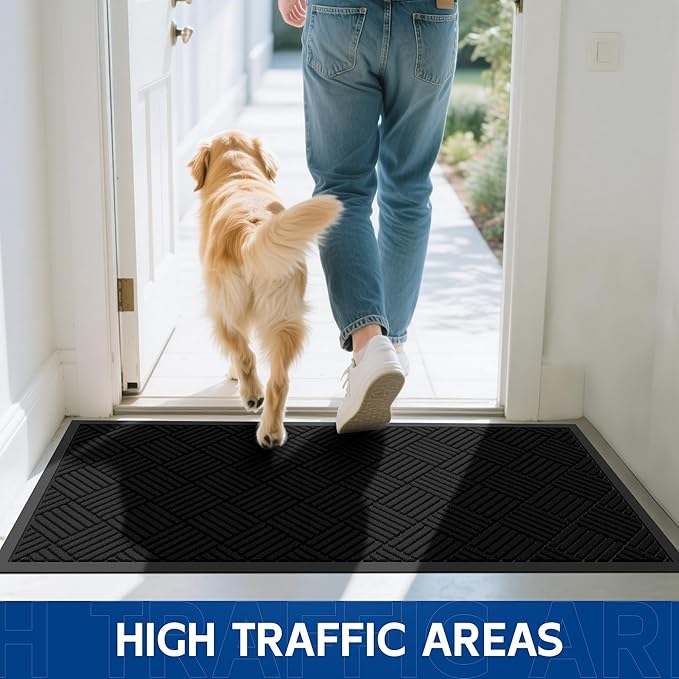 Durable Indoor Outdoor Door Mat, 3' x 6' Heavy Duty Front Door Mat for Entryway, Non-Slip Backing, Stain and Fade Resistant, Absorbent Commercial Floor Mat for High Traffic Area, Black