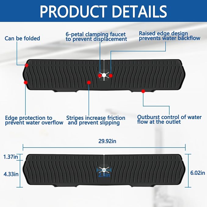 Kitchen Sink Splash Guard Gen2-30" x 6'' Silicone Sink Mat Splash Guard fit - Image 2