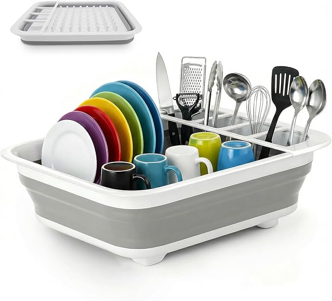 1 Pack Space-Saving Collapsible Dish Rack – Durable, Multi-Compartment Design for Kitchen, RV, Camping, and More – Dishwasher & Easy to Store