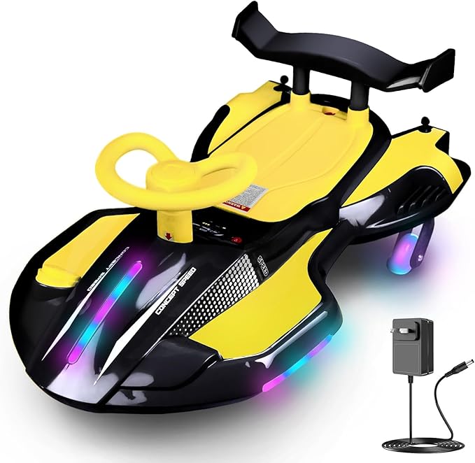 12V Electric Wiggle Car Ride On Toy, Swing Car with Pedal, for Kids from Ages 3 and Up, Birthday Gifts for Boys and Girls, Anti-Rollover, Flashing Wheels, Bluetooth (BlackYellow)