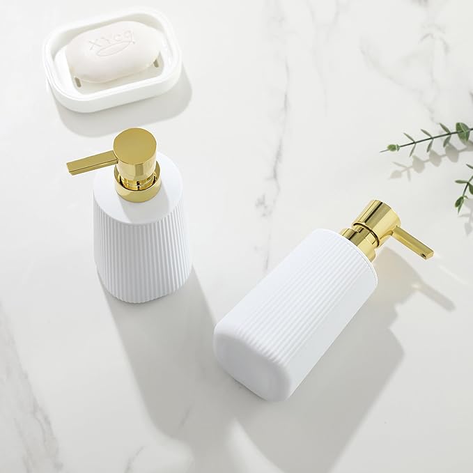 YAUKPH Small Soap Dispenser for Bathroom and Kitchen Matte White and Gold | - Image 6