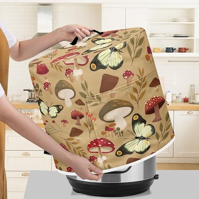 Mushroom Butterfly Pressure Cooker Cover for 8 Quart Instant Pot and Air Fryer Accessories, Stain Resistant Washable Round Protective Cover with Front Pocket