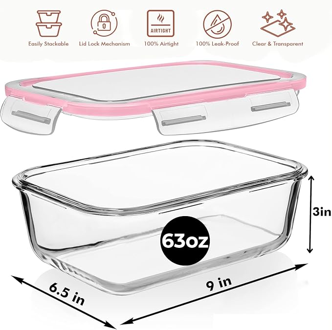 Razab 4 PC 1860ml / 63 Oz / 8 Cups Large Glass Food Storage Containers - Image 3