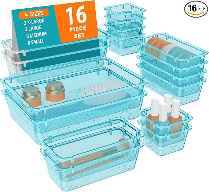 WOWBOX 16 PCS Plastic Drawer Organizer Set, 4 Sizes Desk Drawer Organization by WOWBOX