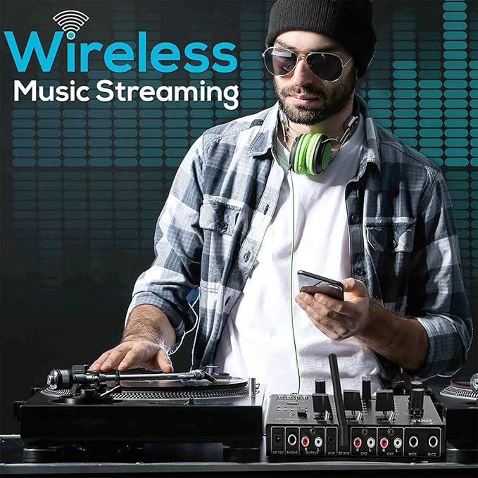 Pyle Wireless DJ Audio Mixer - 3 Channel Bluetooth Compatible DJ Controller Sound Mixer, Mic-Talkover, USB Reader, Dual RCA Phono/Line In, Microphone Input, Headphone Jack, Black - PMX8BU