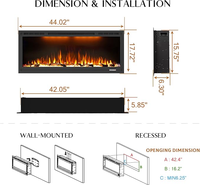 Electric Fireplace 42 inch, Recessed Wall Mounted Fireplace Heater, Linear in-Wall Fireplace, Logs & Crystal Options, 750/1500W, Black (42")