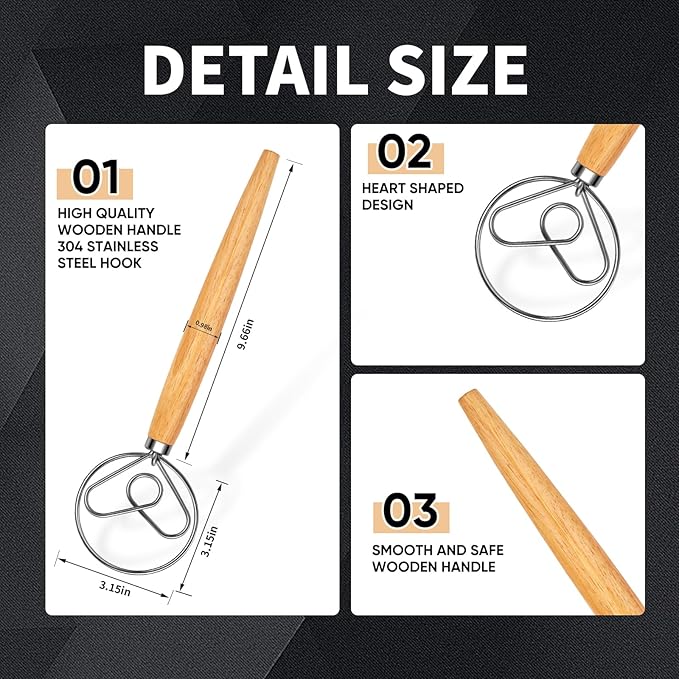 Danish Dough Whisk Stainless Steel Hook Dutch Bread Mixer for Sourdough Baking Hand Tool with Wooden Handle Making Blending Pastry Pizza Dough