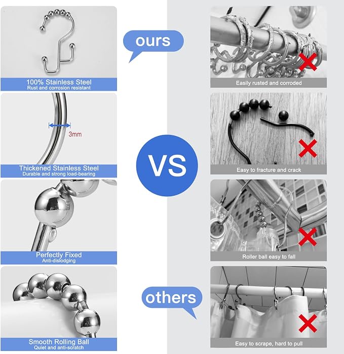Shower Curtain Rings, SUTINE Shower Curtain Hooks, Stainless Steel Sliver - Image 6