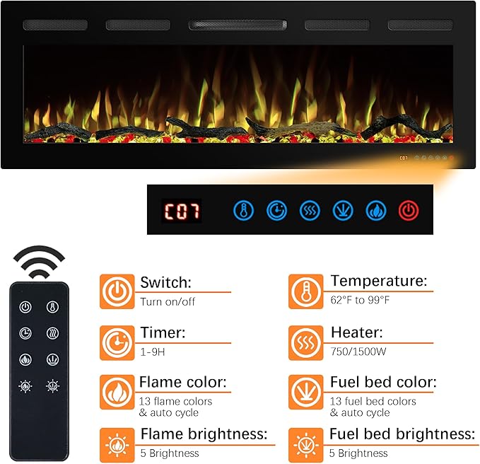 74" WiFi Electric Fireplace Inserts, Recessed and Wall Mounted Fireplace Heater W/Adjustable Flame Color & Brightness, Thermostat, 9H Timer, App and Remote Control, Low Noise, 750/1500W