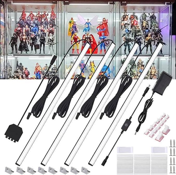 Martronic 4-Pack 12 Inch LED Display Case Lighting Kit, Black Dimmable Bookshelf Light Bars with 12V Power Adapter, 6000K Bright White, Plug-in Slim Lights for Shelves, Curio Cabinets, and Bookcases