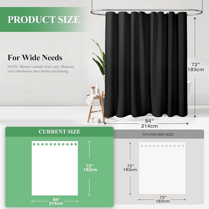Dynamene Extra Wide Waffle Shower Curtain 256 GSM Fabric 84x72 Black - Image 2
