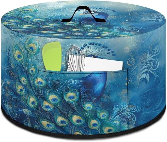 Blue Peacock Floral Print Slow Cooker Cover Fits 6/7/8 Quart Large Crock Pot Practical Electric Pressure Cooker Cover Keep Kitchen Clean and Easy to Use, 16x14x9.6 Inch