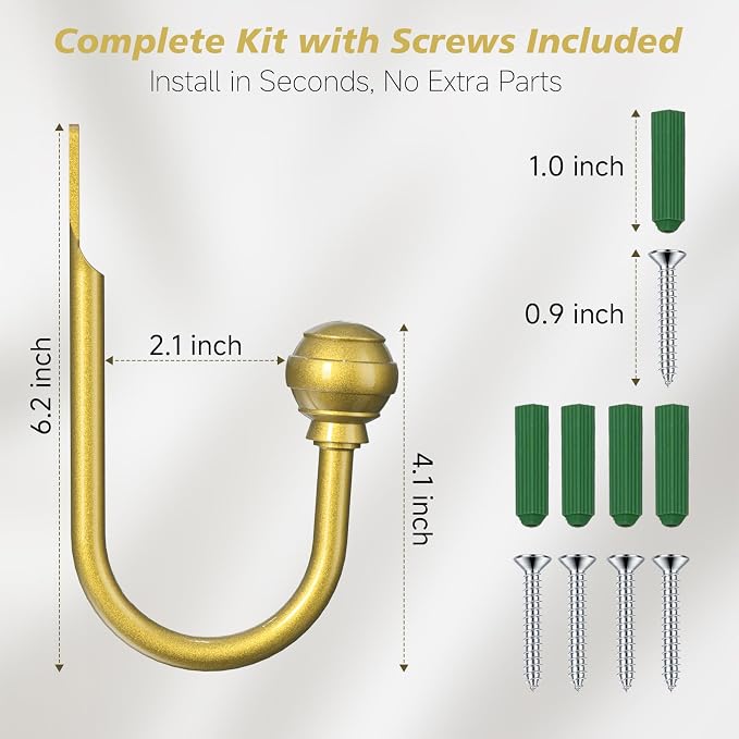 Hion Curtain Holdbacks Gold 6pcs, Curtain Tiebacks Wall Mounted Hooks | Curtain - Image 2
