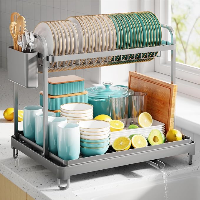 Sakugi Dish Drying Rack 2-Tier 15" x11.4" x15" Gray Double Rod | Kitchen by Sakugi