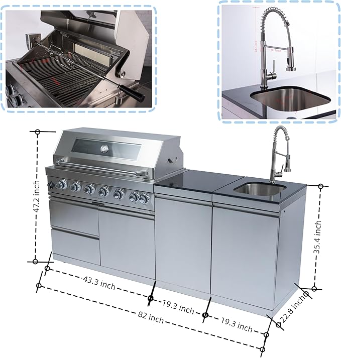 82 Inches 6 Burner Propane Gas Grill Outdoor Kitchen Island, 85,000 BTU Deluxe Stainless Steel Modular Outdoor Kitchen, Sink, Storage Cabinets & Drawers, BBQ Island for Patio Backyard