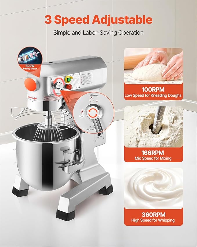 Happybuy 20Qt Commercial Food Mixer with Timing Function， Commercial Mixer 1100W Stainless Steel Bowl Heavy Duty Electric Food Mixer Commercial with 3 Speeds Adjustable, Perfect for Bakery Pizzeria