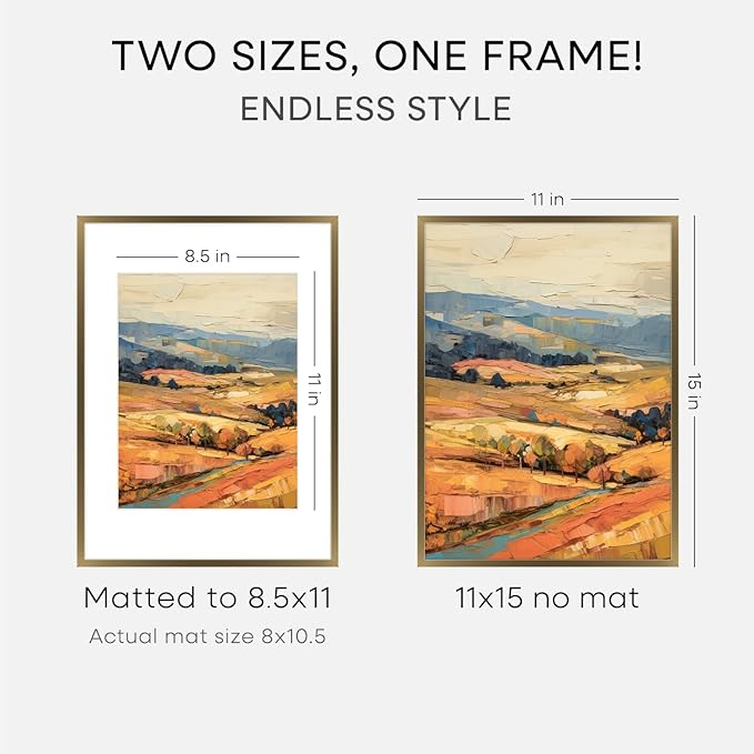 Homeforia 11x15 Bronze Picture Frame, High End Metal 11x15 Brass Frames with Mat 8.5x11, 11 x 15 Poster Frames Matted to 8.5 x 11 inch Photo, 11 by 15 Bronze Frames, Tempered Glass, Wall Kit, Set of 1