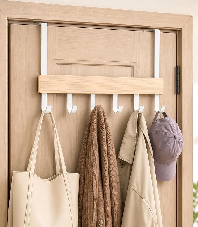 Peasulin Wood & Metal Over the Door Hooks, 11IN Over the Door Hook Rack | 6 by Peasulin