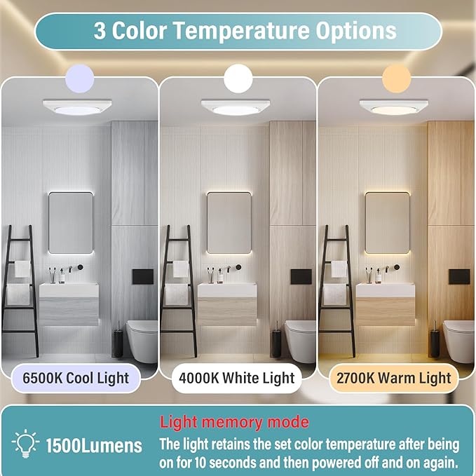 Bathroom Exhaust Fan with Light,120 CFM 1.2 Sones, 41W Bathroom Fan with Light for Home, 1500lm LED Light 2700K/4000K/6500K-UL HVI Certificated