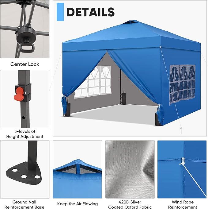 Saemoza 10x10 Pop Up Canopy Tent with One Push Setup, Portable Sun Shade Tent, Instant Easy Up Canopy with 4-Sidewalls & Handbag, Outdoor Fldable Gazebo with Vent Top, Blue.