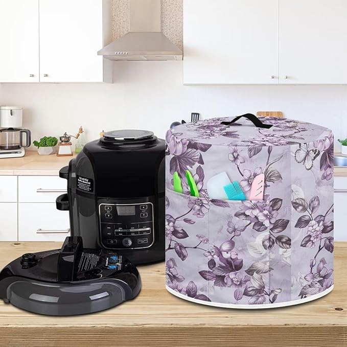 Purple Flower Butterfly Rice Cooker Cover for 6Qt Instant Pot Round Protective Dust-Proof Stain Resistant Electric Appliance Cover Easy to Clean Kitchen Tool