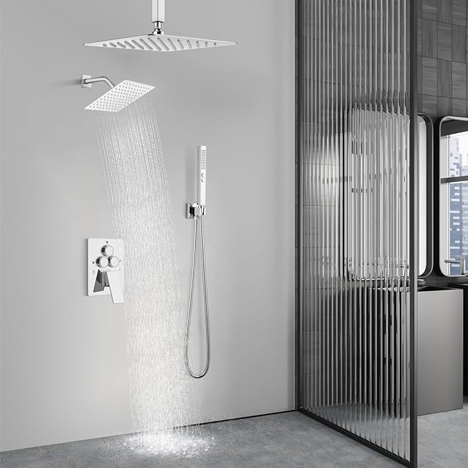 Aolemi Shower Faucet Set Ceiling Mount Shower System Rough-in Valve and Shower Trim Kit 2 in 1 Handheld Spray Push Button Diverter 12 and 6 Inch Dual Shower Head Polish Chrome