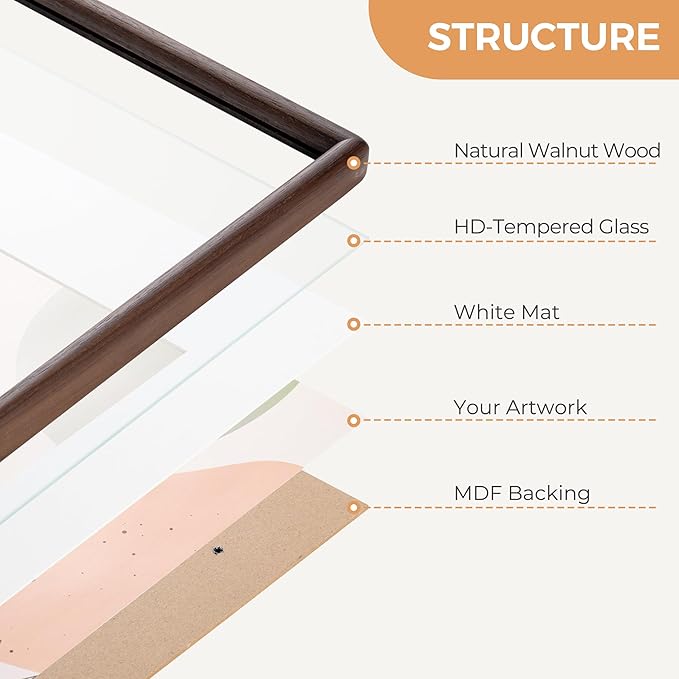8.5x11 Walnut Picture Frame with Tempered Glass, Solid Walnut Wood Photo Frame with Mat for 6x8, 8.5 by 11 Picture Frame for Diploma, Natural Wooden Picture Frame for Home Decor Wall Mount or Table