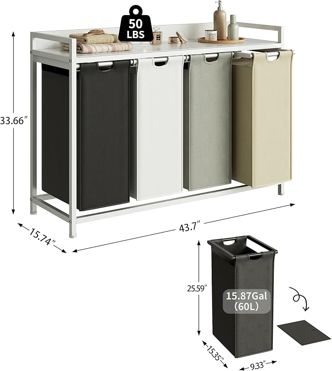 Herture Laundry Hamper with Shelf, Laundry Basket 4 Section, Laundry Sorter - Image 4