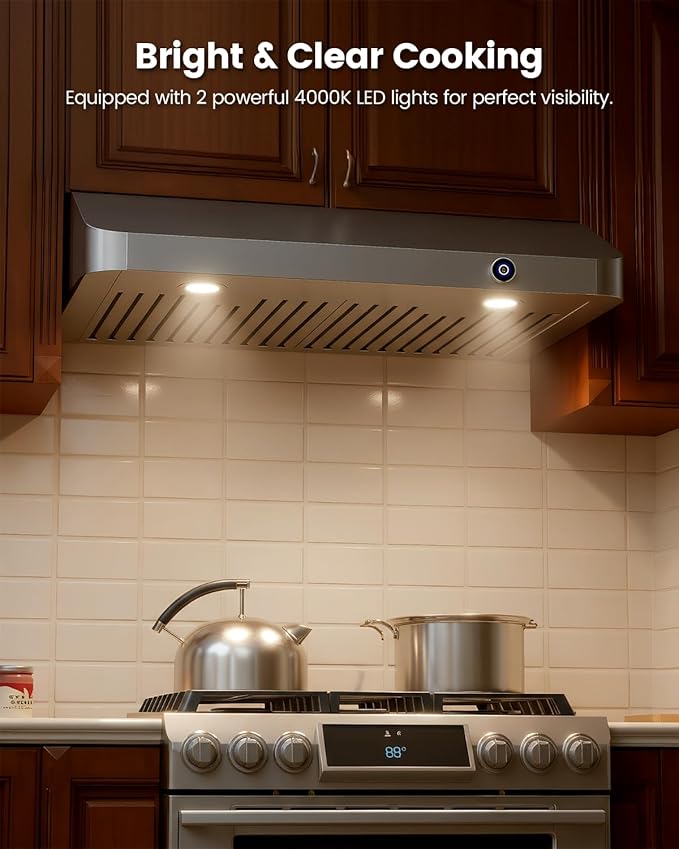 JOCO 30 Inch Under Cabinet Range Hood, 900 CFM Stainless Steel Kitchen Vent Hood, 4-Speed Knob Control C01-30K