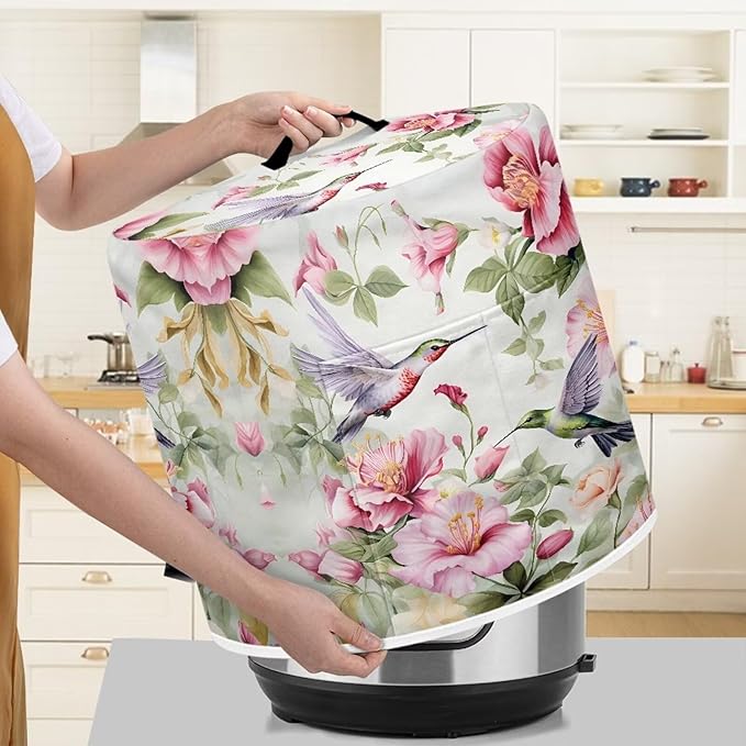 Hummingbird Flower Pressure Cooker Cover 3 Quart Dust Cover for Air Fryer Pressure Cooker Cover with Top Handle and Accessories Pockets Small Kitchen Appliance Cover Kitchen Decorations