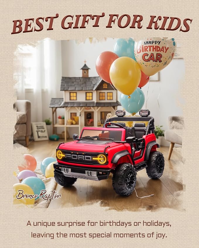 First Ride On Ford Bronco 24V Ride on Toys for Boys & Girls, 2 Seater Kids Electric Car with Remote Control, Kids Ride on Truck with 4 Wheels Suspension, Led Lights, Safety Belt (24V, Red)
