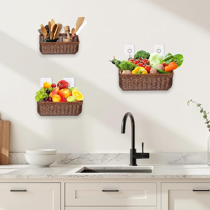 Hanging Baskets, Handmade Wicker Style Wall Basket w/Hooks - Image 8