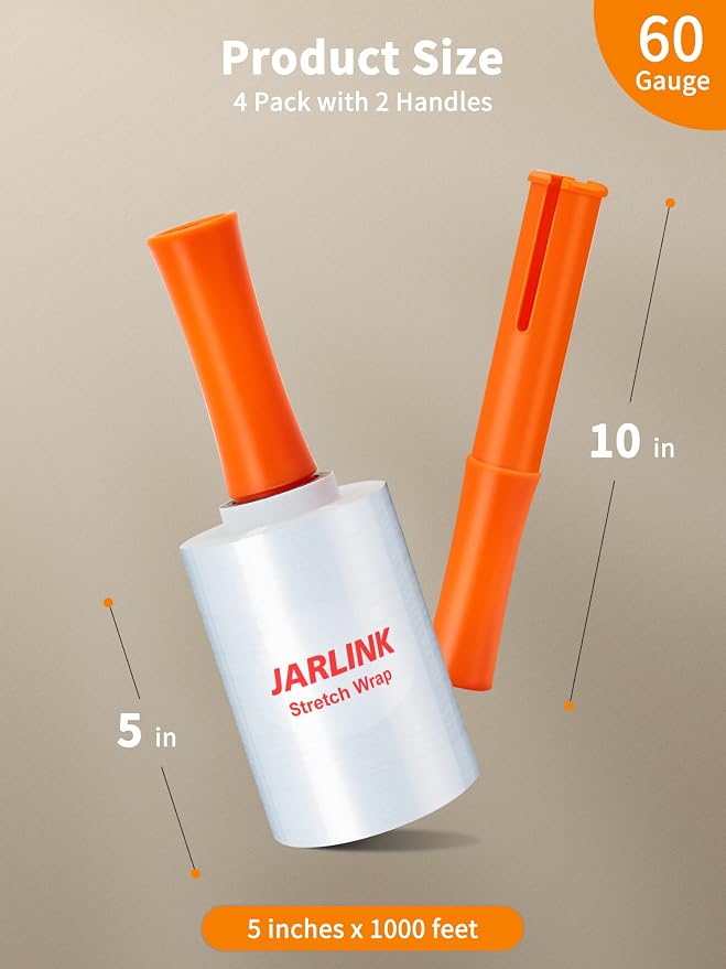JARLINK 5" x 1000' Plastic Film Roll, Stretch Pallet Wrap W/Handles, 8 Pack - Image 2