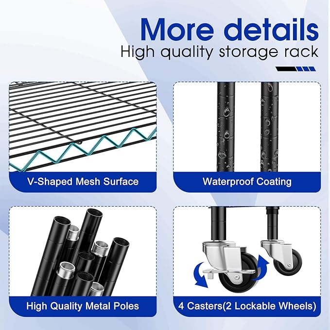 2 Pack Rolling 6-Tier Storage Shelves with Wheels, Heavy Duty Wire Shelving Rack Capacity 750 lbs, 14" D x 24" W x 71" H Adjustable Metal Shelving for Garage, Closet, Kitchen