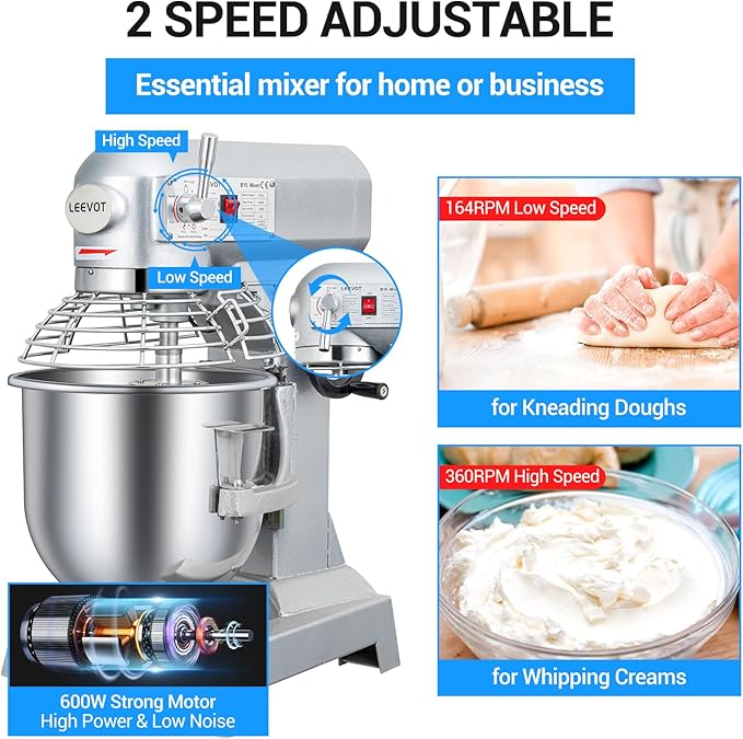 15Qt Commercial Food Mixer, Commercial Dough Mixer 600W 2-Speeds Adjustable, Heavy Duty Electric Stand Mixer with Stainless Steel Bowl for Kitchenaid and Pizzeria (Simple)