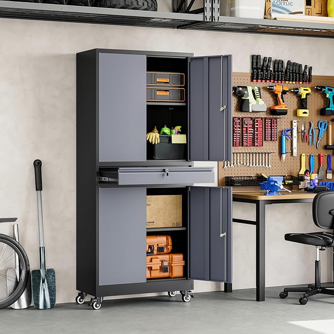 Yizosh Metal Garage Storage Cabinet with Locking Doors and Adjustable Shelves, -73" Steel Rolling Tool Storage Cabinet with 4 Wheels and 1 Drawer for Garage,Office,Warehouse